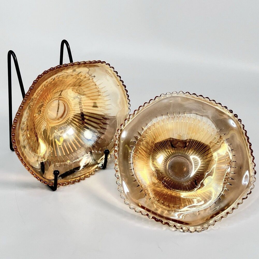 Jeannette Carnival Glass Footed Bowls Vtg Pair  Anniversary Marigold 6.5" Set